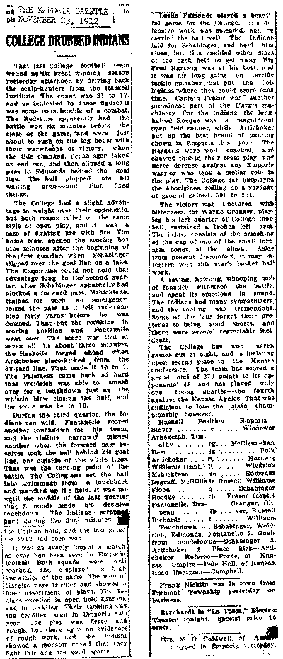 Emporia College Drubbed Haskell Indians, article from Nov 23, 1912