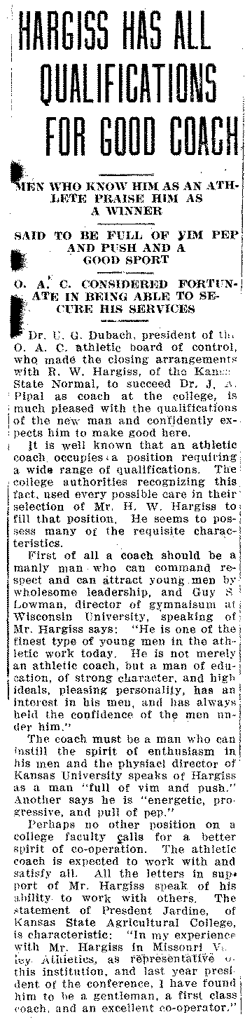 Hargiss article for OAC coaching in 1918