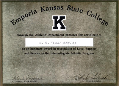 ESU certificate to H W "Bill" Hargiss