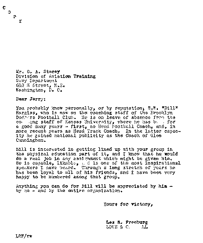 Les Freeburg letter recommending Hargiss to US Navy