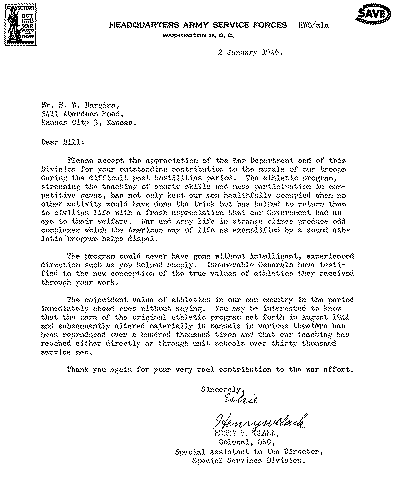 US Army letter of appreciation to Bill Hargiss 1945