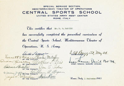 US Army Central Sports School certificate to Bill Hargiss 1945