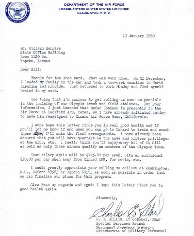 USAF Letter to Bill Hargiss 1960