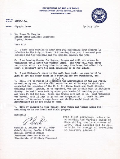 Letter of appreciation from USAF to Bill Hargiss, 1960