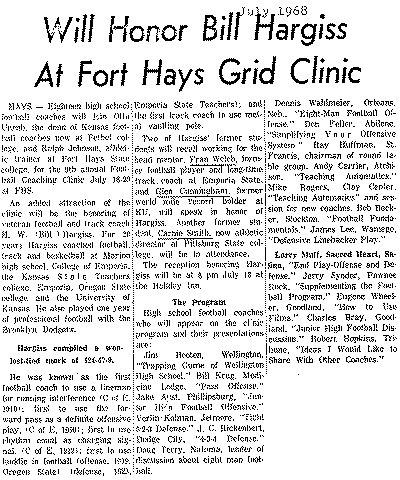 article listing Bill Hargiss football innovations including defensive huddle in football