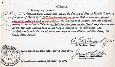 Gardiner Lyon affidavit witnessing forward passing in 1910 by Bill Hargiss at the College of Emporia