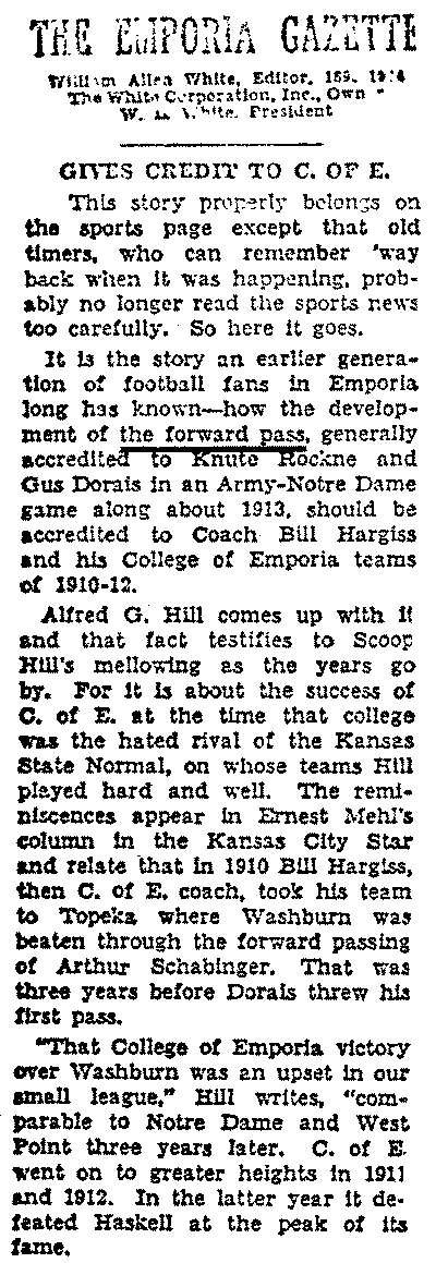 Emporia Gazette news article discussing early football's  forward pass