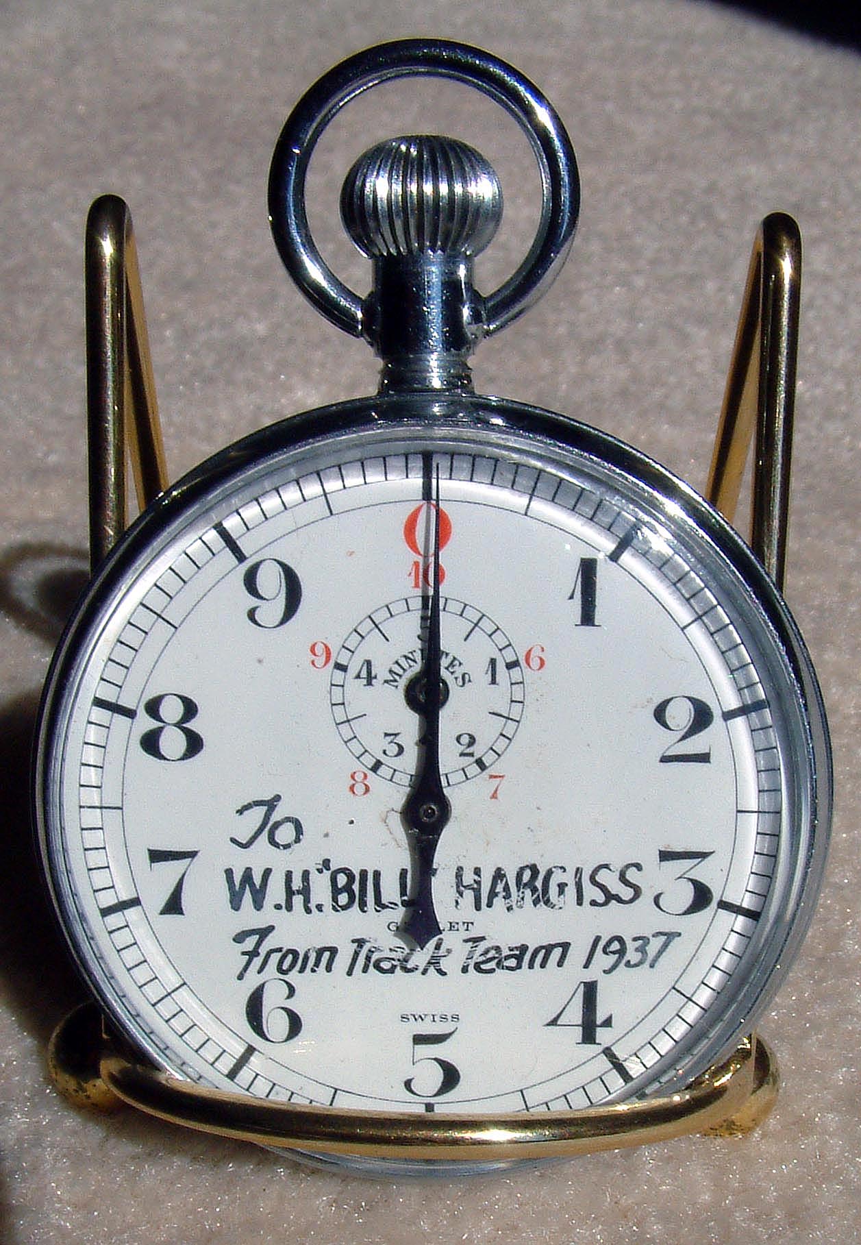 Stopwatch to Bill Hargiss from the KU Track Team of 1937