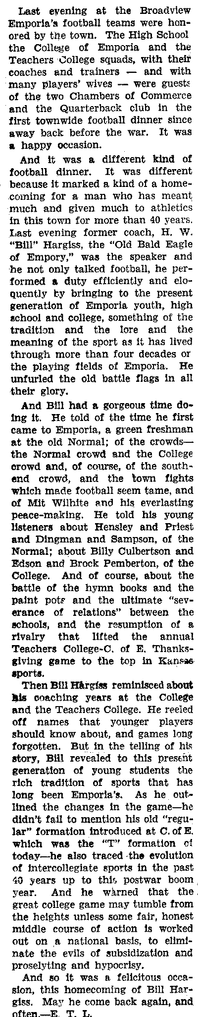 E. T. Lowther column on Bill Hargiss in 1946