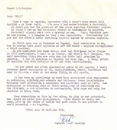 Raymond "Red" Markley Letter