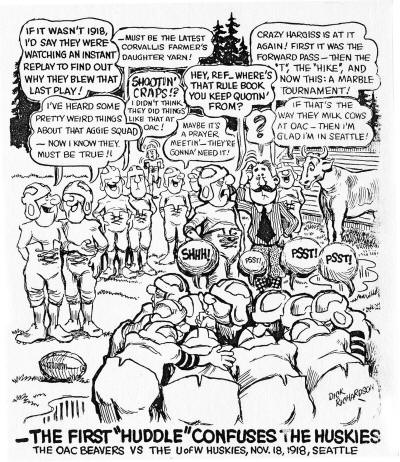 OSU cartoon depicting Hargiss's first use of huddle in 1918