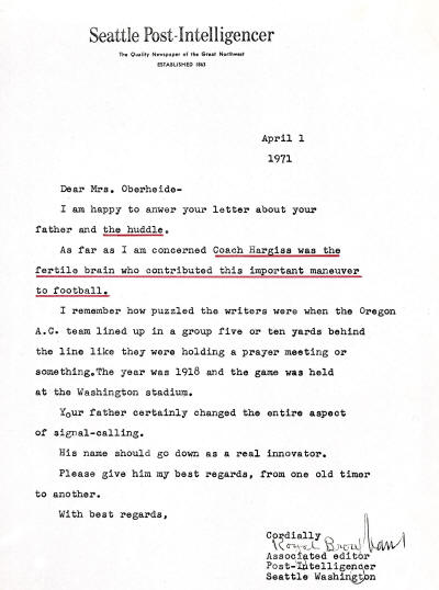 Royal Brougham of Seattle Post-Intelligencer letter as witness to Bill Hargiss' use of huddle in 1918